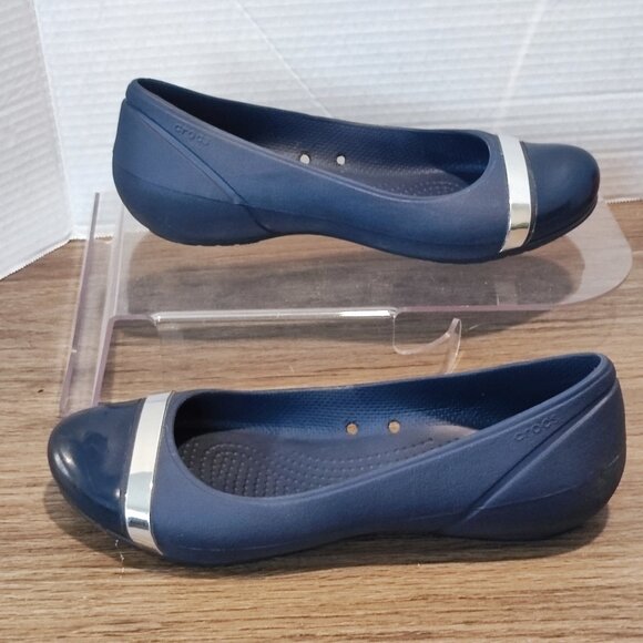 Crocs Ballet Flats Sz 8 Navy blue with chrom Rubber Comfort Ballerina Shoes - Picture 1 of 13